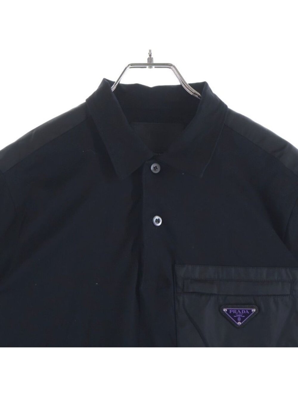 Prada Stretch Cotton Polo Shirt Triangle Logo Re-Nylon Trim Black - Picture 3 of 8